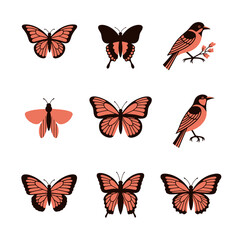 Naklejka premium Collection of Coral Butterflies and Birds on White Background