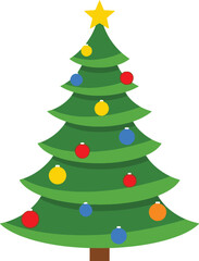 Fototapeta premium Green Christmas tree with yellow star and colorful ornaments red ornaments blue ornaments