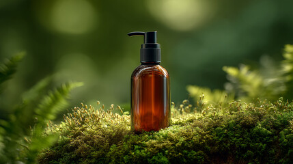 Fototapeta premium A brown bottle with a black pump dispenser on mossy ground