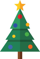 Fototapeta premium Christmas tree with colorful ornaments and star on top, festive holiday decoration symbol featuring green tree, decorated tree, Christmas decoration