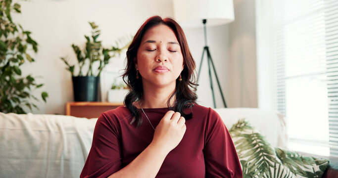 Breathe, holistic therapy and woman on sofa for calm, mindfulness and healing for counseling. Psychology, somatic therapist and person with breathwork for awareness, emotions regulation and energy