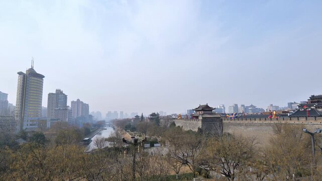 Xian city wall in China. The fortifications of Xi'an in Shaanxi, represent one of the oldest, largest, and best preserved Chinese city walls