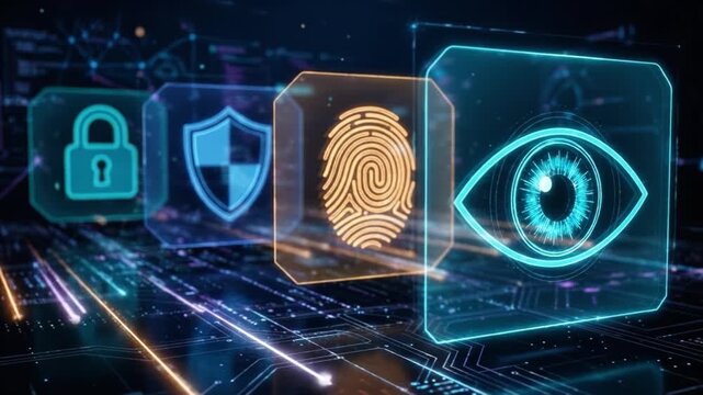 Cybersecurity digital technology protection with fingerprint and eye biometric authentication featuring lock and shield icons for advanced data security system and privacy safety network interface