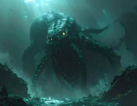 Giant sea monster with glowing eyes emerges from the deep ocean, a terrifying mythical creature in dark waters.