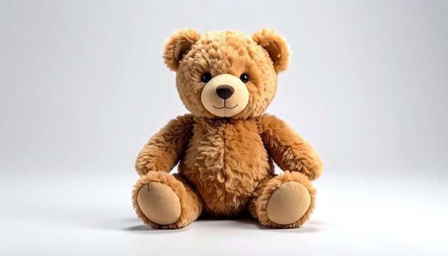 Adorable stuffed plush toy, brown teddy bear, seated with neutral background