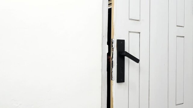 Intruder in Black Balaclava Peeking Through Partially Open White Door with Black Handle and Dark