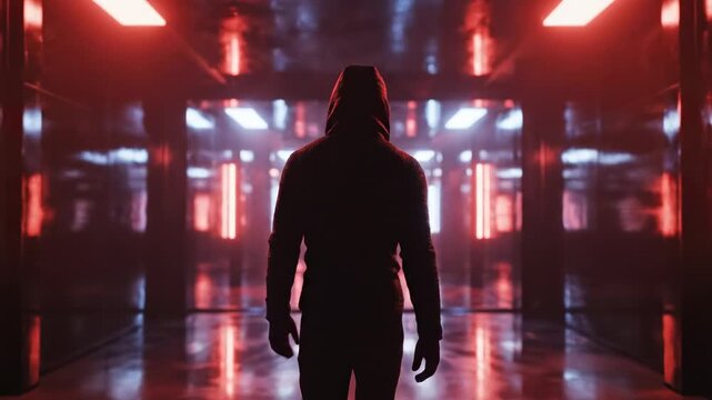 Individual in a dark hooded jacket stands in a futuristic corridor illuminated by red and blue lights, showcasing a striking visual contrast and modern design elements