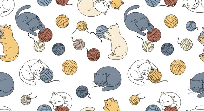 Cute Cartoon Cats Playing with Yarn Balls Pattern