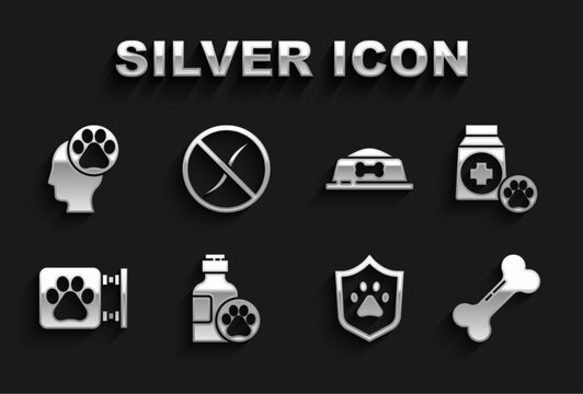 Set Pet shampoo, Bag of food, Dog bone, Animal health insurance, Veterinary clinic, bowl, Human with animals footprint and Anti worms parasite icon. Vector