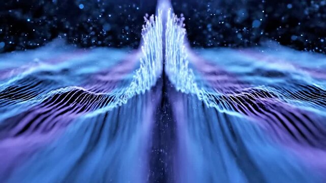 A futuristic abstract image with a glowing blue-purple pathway extending into the distance