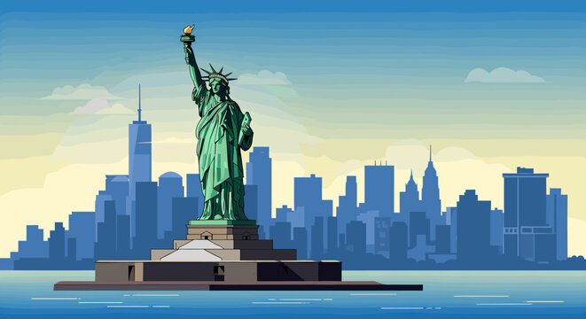 Stylized flat design illustration of the iconic Statue of Liberty standing prominently in New York Harbor with the Manhattan skyline in the background under a clear sky.