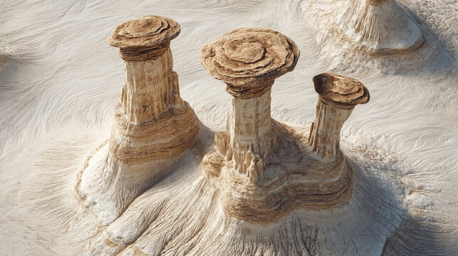 Three unique hoodoos stand tall in a desert landscape formation
