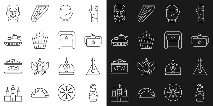 Set line Russian doll matryoshka, Balalaika, Ushanka, Christmas mitten, Sauna bucket, Military tank, Joseph Stalin and icon. Vector