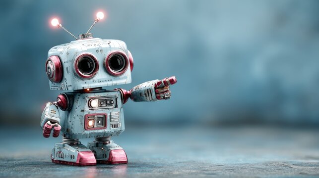 Positive cute humanoid robot pointing to empty copy space, friendly artificial intelligence character presenting blank area for text, modern digital assistant concept on clean background, technology c