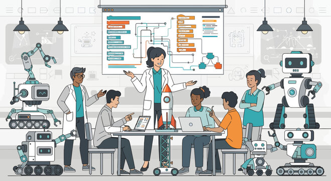 Diverse group of students learning robotics and engineering with teacher.