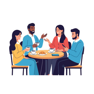 Diverse group of friends enjoying coffee and conversation at cafe table