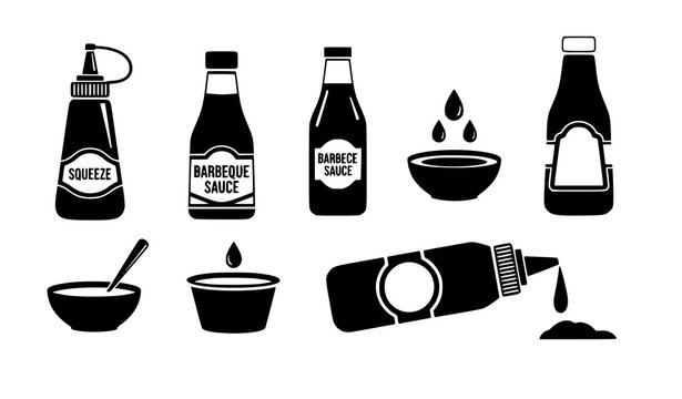 BBQ sauce bottle and dip silhouette food condiment vector set