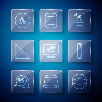 Set line Discount percent tag, Geometric figure, Sphere, Function mathematical symbol, Square root of x glyph, Angle bisector triangle, and Ruler icon. Vector