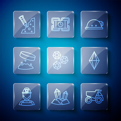 Set line Miner in a helmet, Gem stone, Mining dump truck, Giant magnet holding iron dust, Construction jackhammer and icon. Vector © Kostiantyn