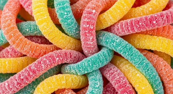 Colorful sugar coated gummy worm candies.
