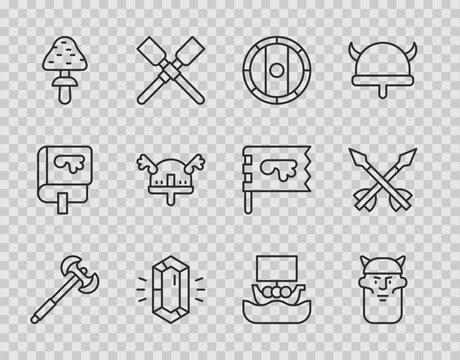 Set line Medieval poleaxe, Viking head, Shield viking, Gem stone, Mushroom, horned helmet, ship Drakkar and arrows icon. Vector