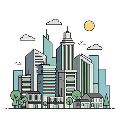 Obraz premium Modern Cityscape Illustration with Tall Buildings, Trees, and Sun