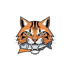 Obraz premium Fierce Bobcat with Fish in Mouth, Aggressive Predator Hunting, Wild Animal, Nature Wildlife