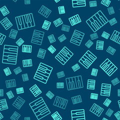 Fototapeta premium Green line Music synthesizer icon isolated seamless pattern on blue background. Electronic piano. Vector