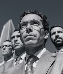 Business man in a modern building captured from low angle with dramatic lighting. Corporate concept scene showing power, confidence, and leadership.