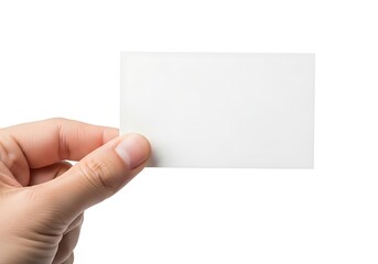 Obraz premium A human hand holding a blank white rectangular business card isolated against a clean white background