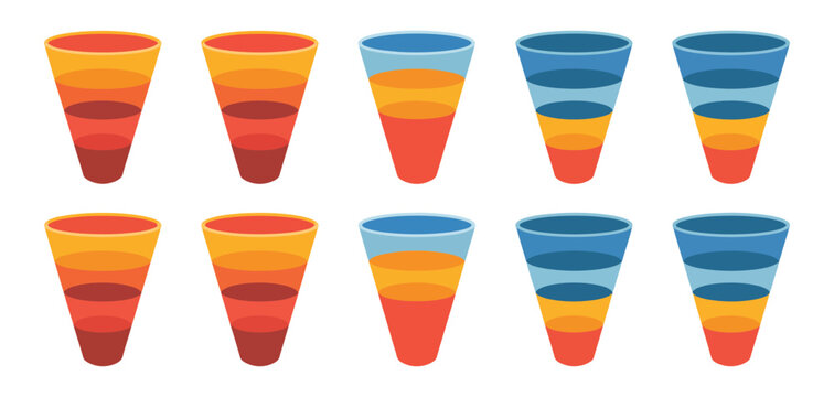 Funnel chart segmentation, colorful infographic diagram, 2 to 6 part funnel stages, business process visualization, marketing and sales workflow illustration