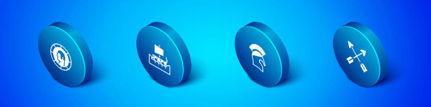 Set Isometric Ancient Greek coin, helmet, Crossed arrows and trireme icon. Vector
