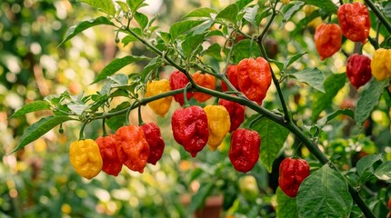 Obraz premium Scotch bonnet peppers growing on plant vibrant red and yellow chili peppers close up agriculture