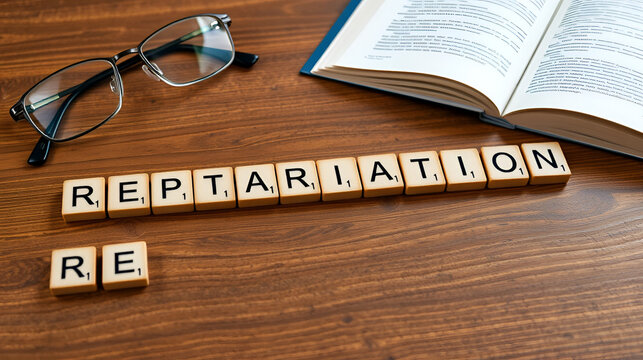 repatriation word or concept represented by wooden letter tiles on a wooden table with glasses and a book