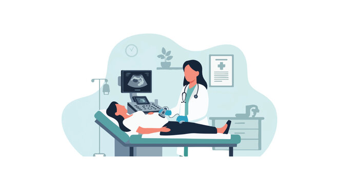 Obstetrician Ultrasound USG Pregnancy Check with Monitor Screen in Clinic Vector Illustration