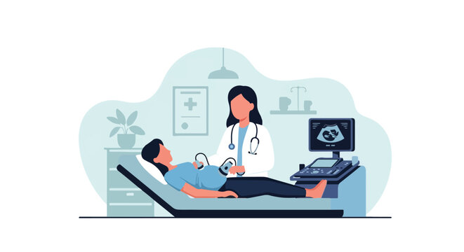 Doctor USG Pregnancy Check with Monitor Screen in Clinic Vector Illustration