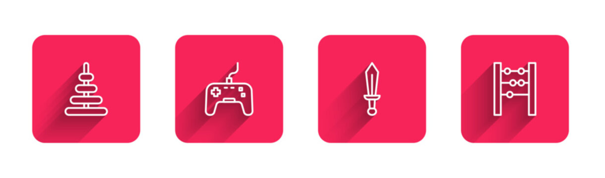 Set line Pyramid toy, Gamepad, Sword and Abacus with long shadow. Red square button. Vector