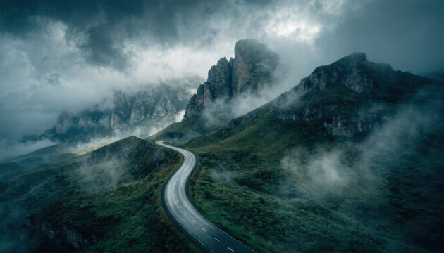 Aerial view of an empty winding asphalt road leading through dramatic foggy mountains under a moody cloudy sky