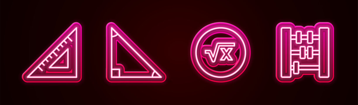 Set line Triangular ruler, Triangle math, Square root of x glyph and Abacus. Glowing neon icon. Vector