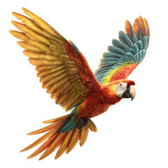 Fototapeta premium Vibrant macaw parrot in flight, colorful tropical bird illustration, detailed feathered wings for wildlife design isolated on Transparent Background