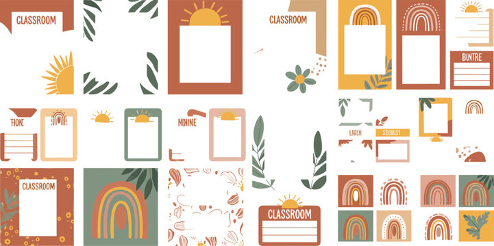 Boho classroom posters and templates collection flat vector illustration educational prints with rainbows sun shapes leaves and modern decorative elements set