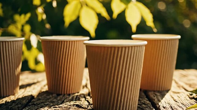 Four corrugated brown paper coffee cups placed on a rustic weathered wooden table in an outdoor setting with sunlight filtering through yellow leaves in the background.