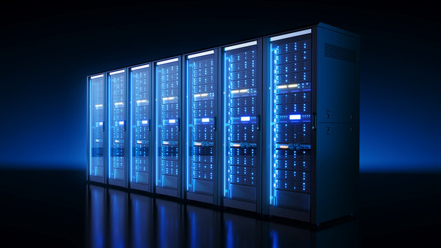 Row of Server cabinets racks - Cloud Computing, Artificial Intelligence, Database Concept - 3d illustration