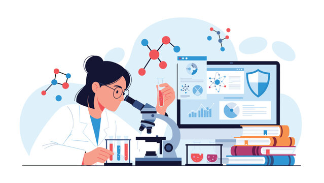 Female scientist working in a laboratory with a microscope and test tubes to conduct medical or chemical research experiments.