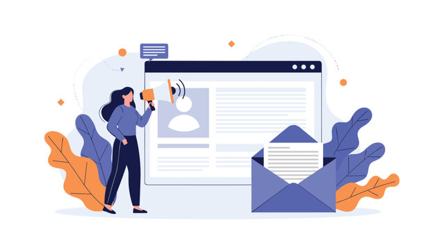Woman using a megaphone to announce news or job openings on a digital platform with an email icon and profile background.