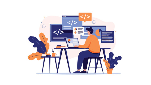 Programmer sitting at a desk with multiple monitors coding software in a professional workspace with modern flat design style.
