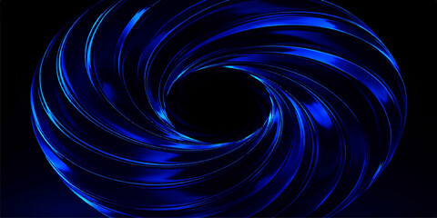 A glowing blue spiral galaxy design featuring a digital motion swirl and light vortex pattern on a black space texture backdrop illustration © MDNUR