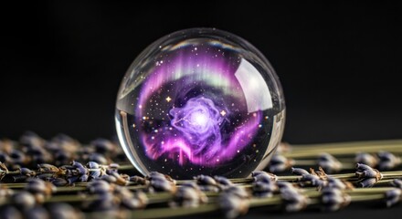 Transparent sphere with cosmic interior illuminated against dark background
