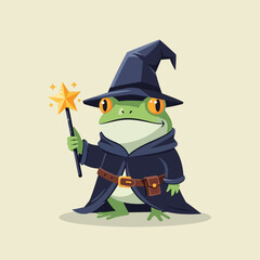 Obraz premium Cute Wizard Frog Holding Magic Wand with Star, Fantasy Character, Cartoon Style