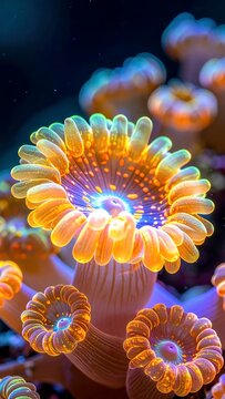 Vibrant underwater coral polyp with glowing orange and purple hues.